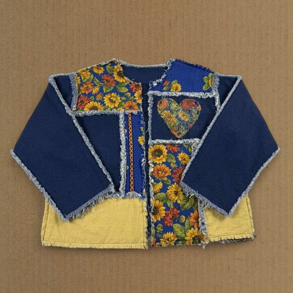 None and/or Unknown Jackets & Blazers - Vintage Quilt Patchwork Floral Denim Handmade Reversible Jacket Fits like XL